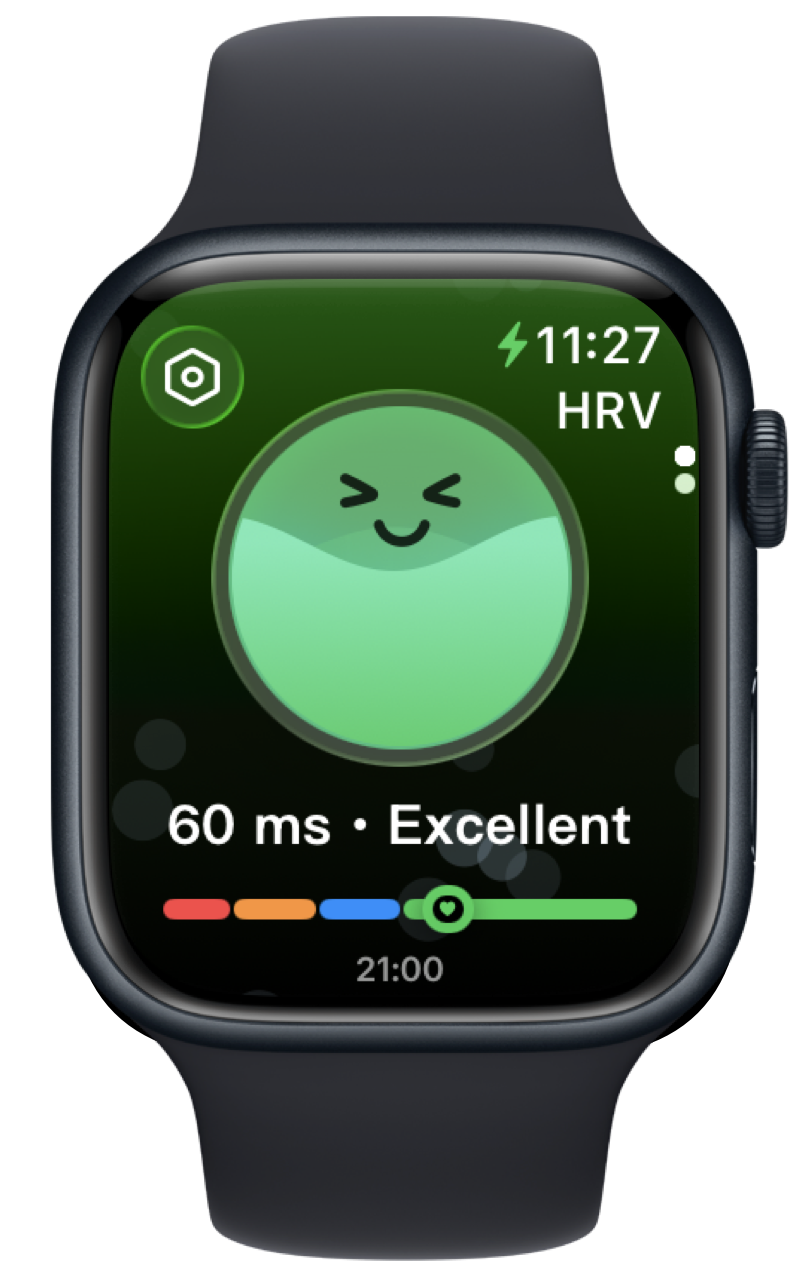 Apple Watch showing real-time stress score with Relaxed status